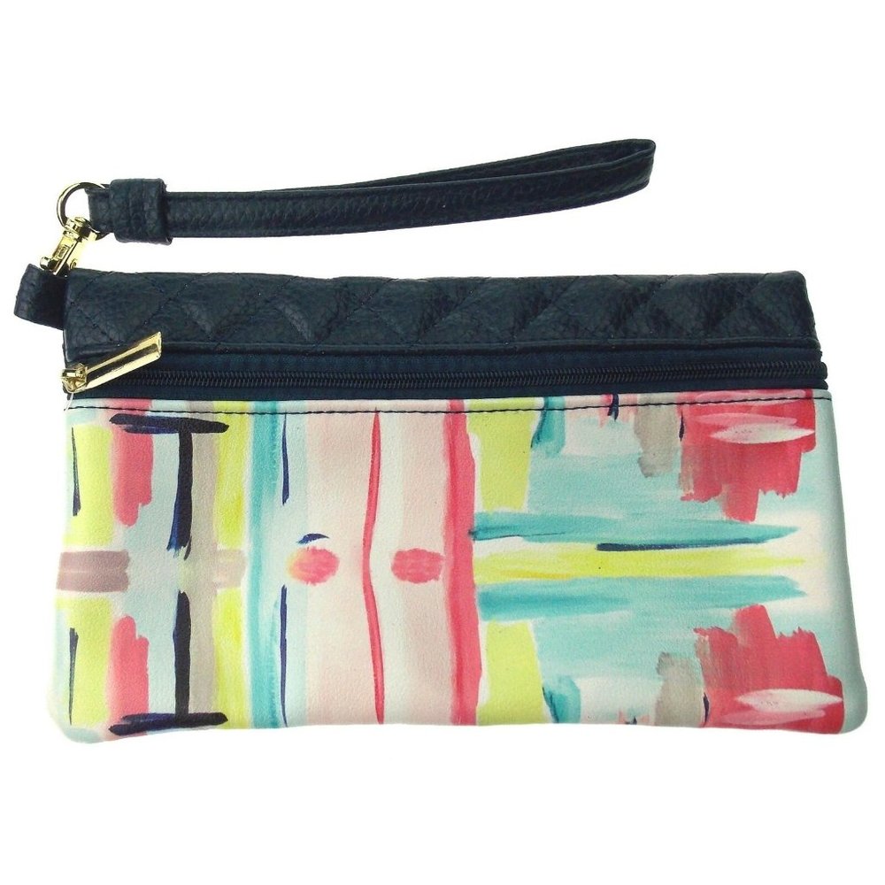 Brownlow Navy Blue Watercolor Print Wristlet Bella Caroline Blocks RFID Zippered